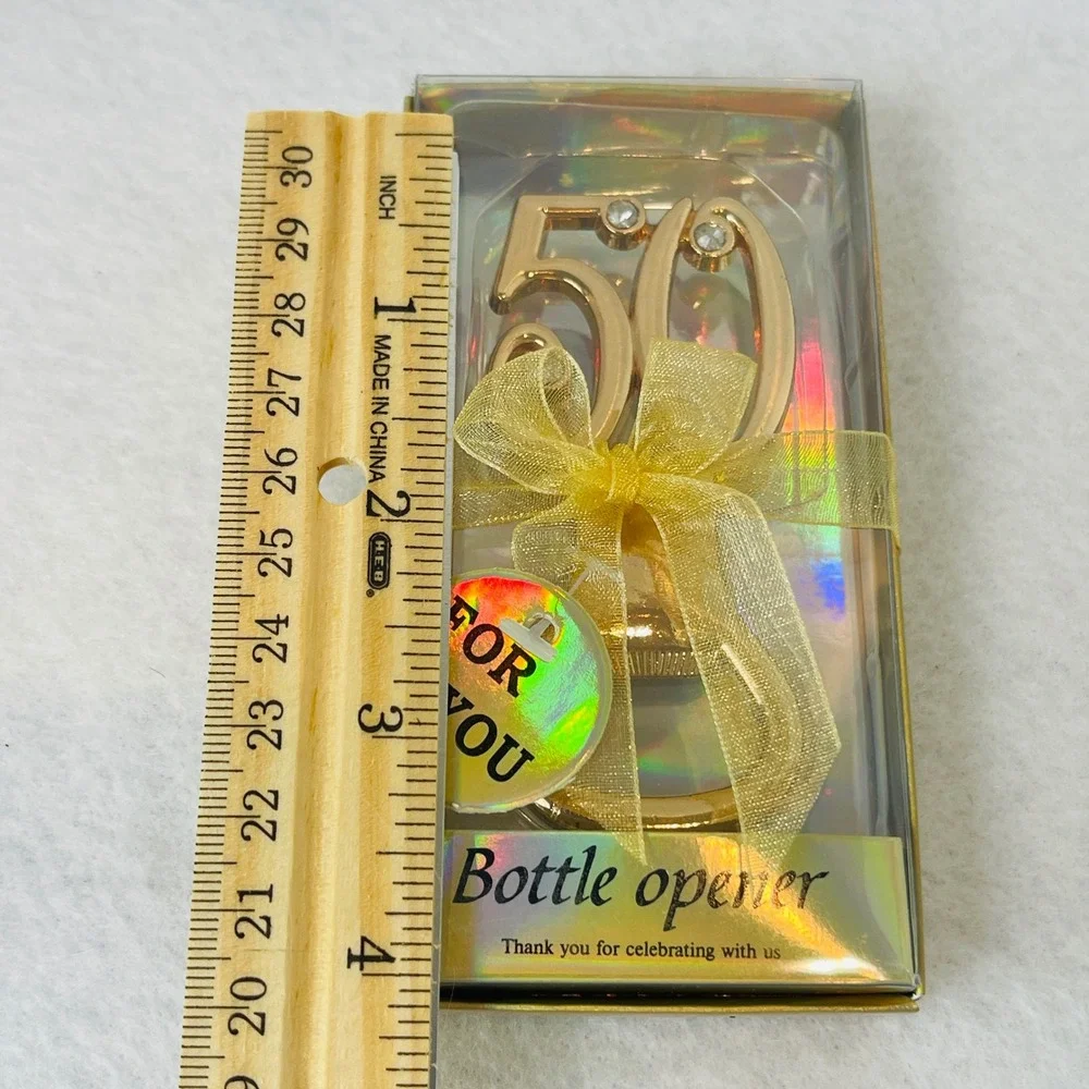 Gold 50th Birthday Anniversary Bottle Opener Rhinestone Party Favor‎ Gift Box